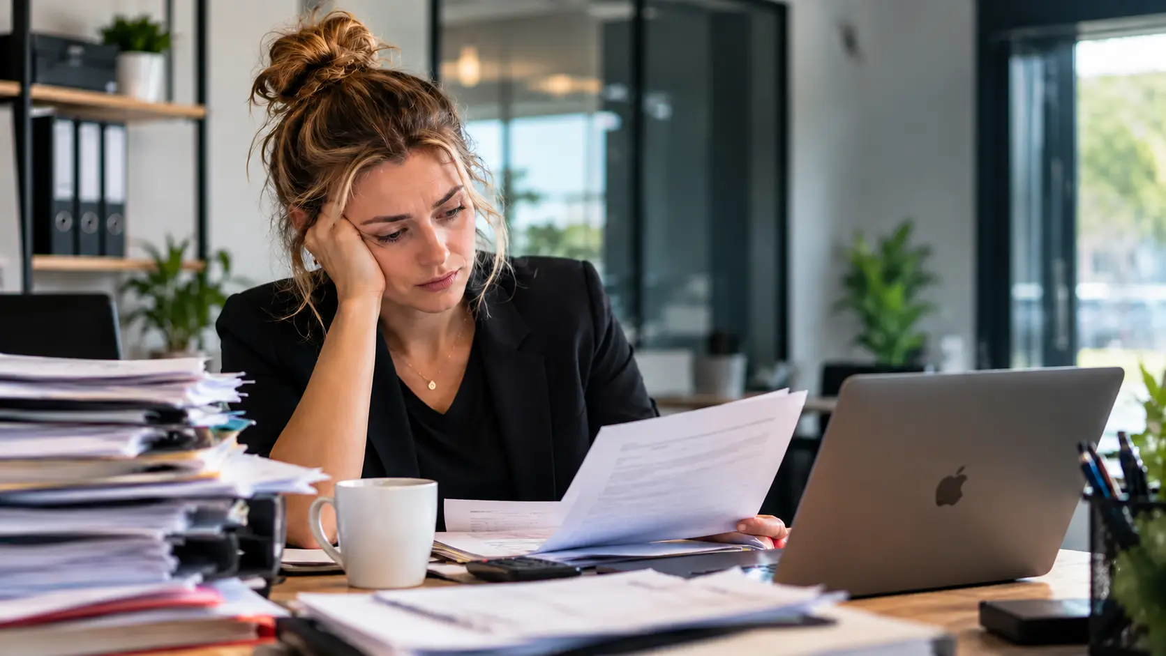 Ondernemer achter een bureau vol papierwerk en administratie