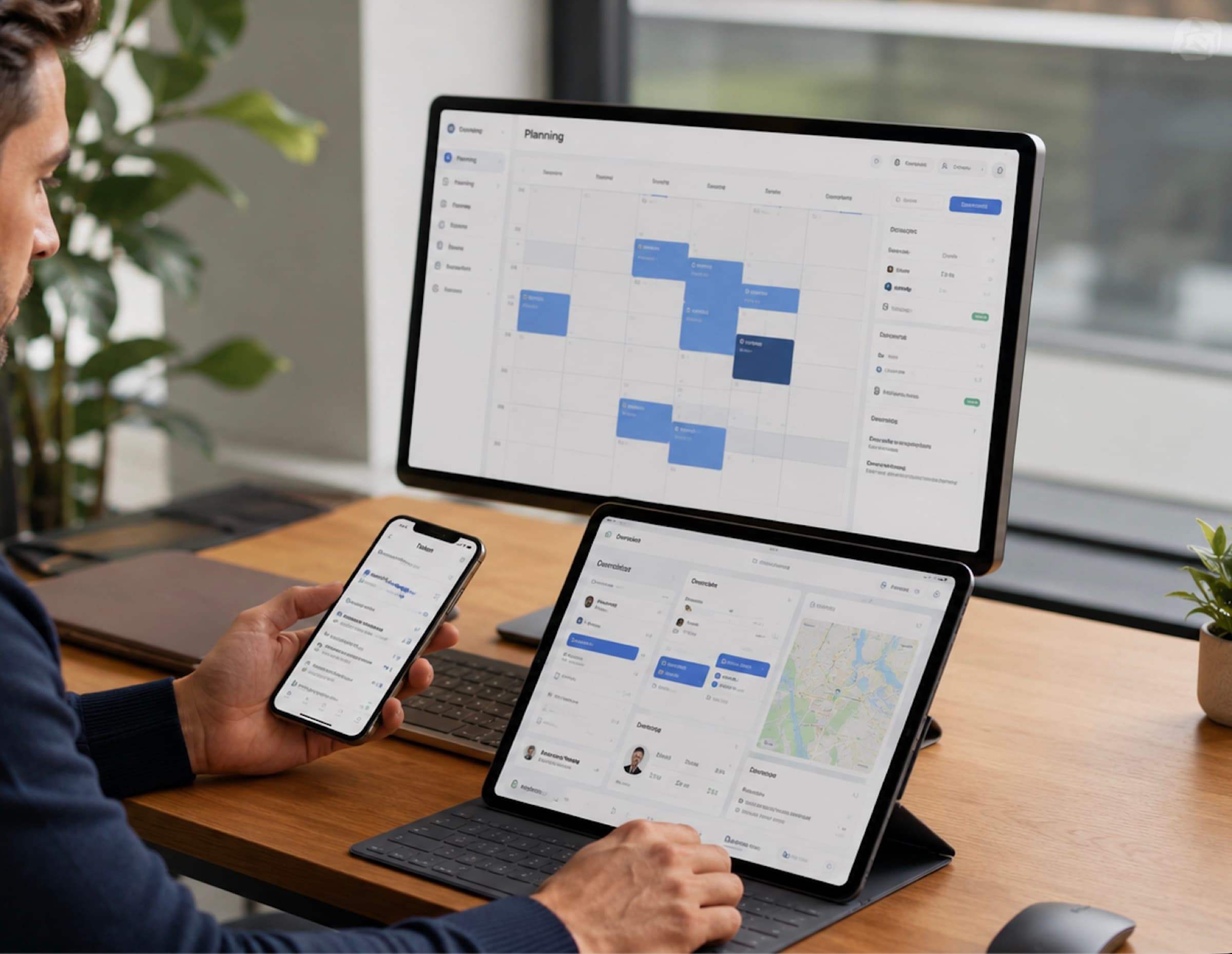 Dezelfde planningsapp op een computerscherm, een tablet en een telefoon