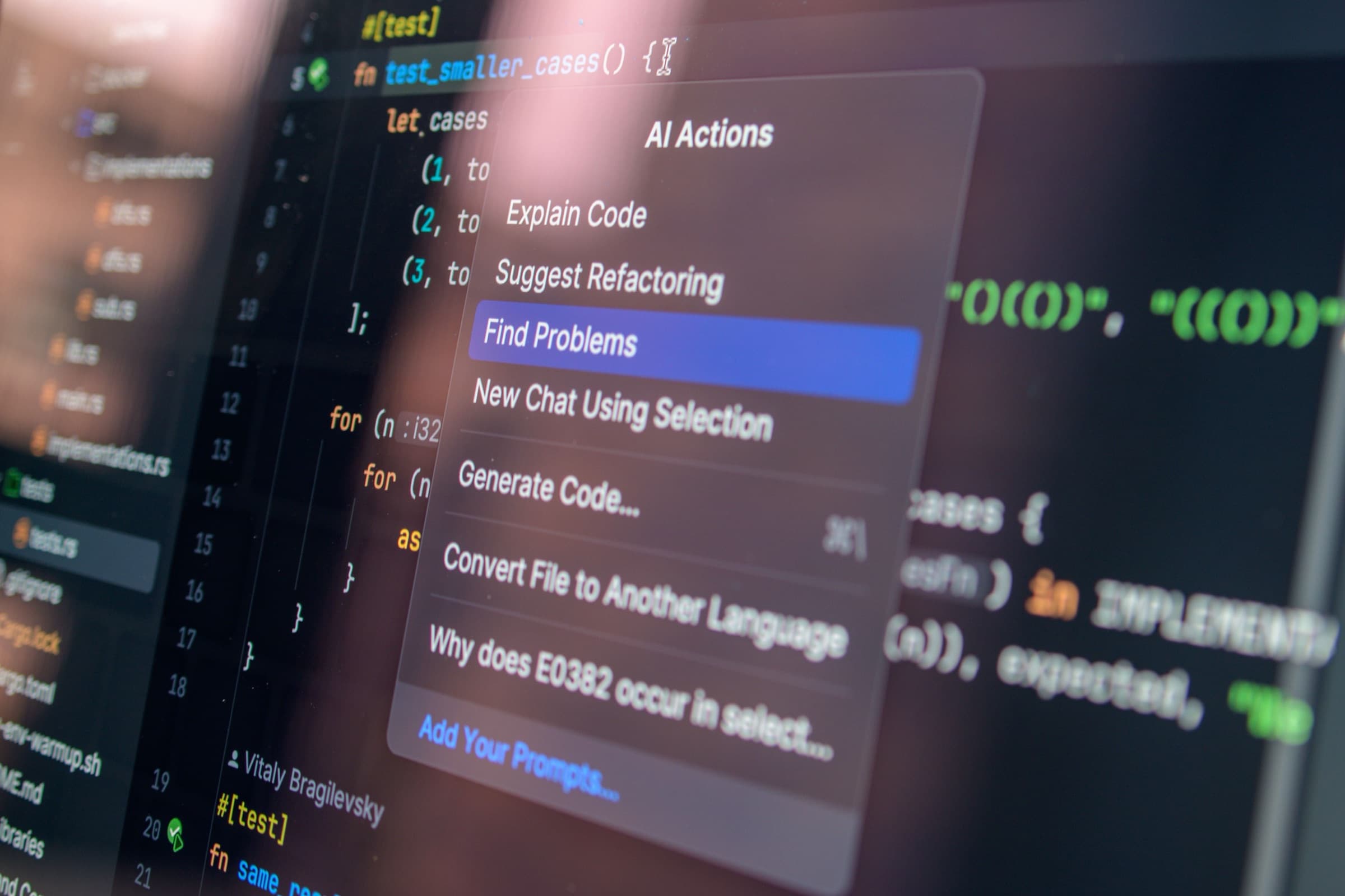 Code-editor met een geopend menu vol AI-acties