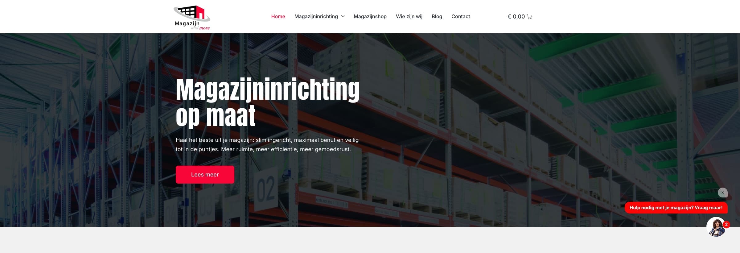 The Magazijn and More website, with the assistant visible in the corner